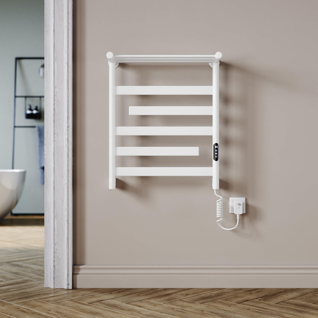 Handtuchheizkörper Elektrisch 66 x 55cm, 180° Drehung Handtuchwärmer Elektrisch mit Heiz-Ablage, WiF