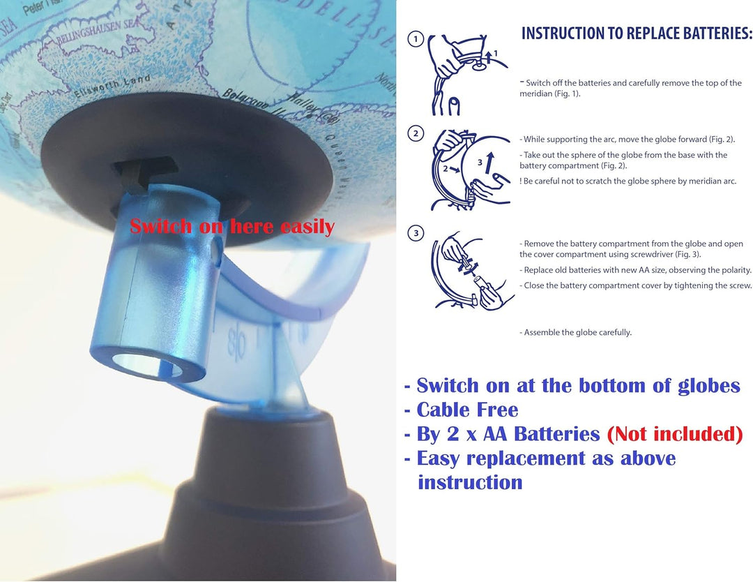 EXERZ 21cm Leuchtglobus/Beleuchteter Globus Mit Kabelfreier LED-Beleuchtung - Englische Karte - Phys