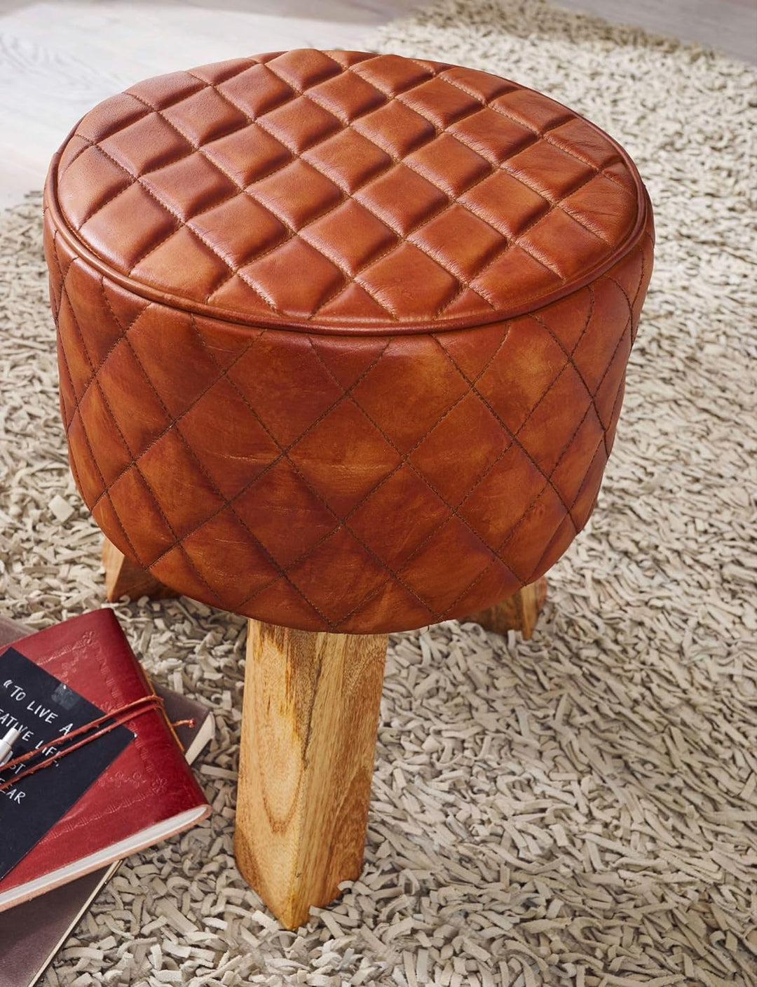 FineBuy Sitzhocker Echtleder/Massivholz 35x46x35 cm Modern Fusshocker Rund | Turnbock Lederhocker Br