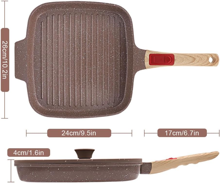 Grillpfanne Induktion mit Deckel 26 x 24 cm, Antihaft Keramikbeschichtung Grill Pfanne mit Abnehmbar