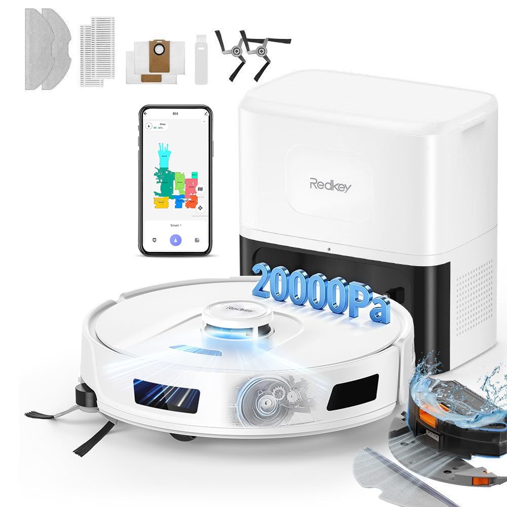 Redkey R11 Saugroboter mit Wischfunktion, 20.000Pa Saugkraft, Staubsauger Roboter mit 4L Absaugstati