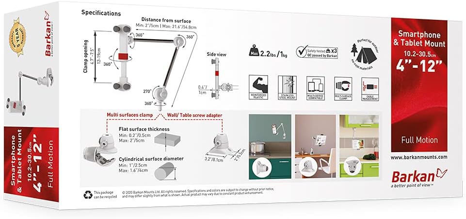Barkan Tablet Halterung für 4-12 Zoll Geräte, Tragbare Multiposition, 360 Grad drehbare, für iPad, S
