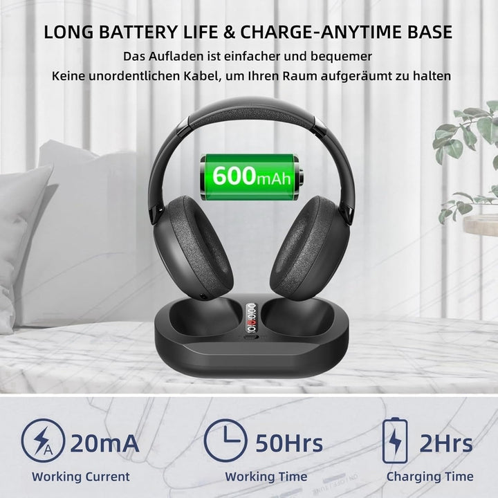 Kabellose TV-Kopfhörer für Senioren mit Sender-Ladestation, 2.4 GHz RF & Bluetooth 5.3 für Fernseher