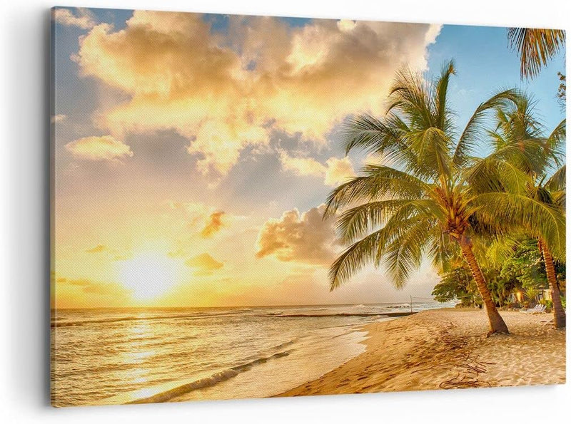 Bilder auf Leinwand 100x70cm Leinwandbild mit Rahmen Strand Meer Palme Gross Wanddeko Bild Schlafzim