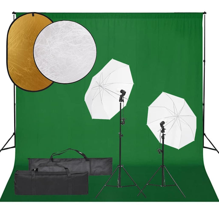 Fotostudio-Set mit Beleuchtung, Hintergrund und Reflektor für professionelle Porträt- und Produktfot