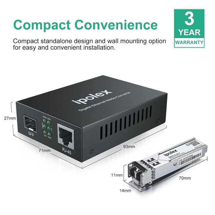 ipolex Gigabit Ethernet Medienkonverter, 1,25G SFP Port Glasfaser Medienkonverter, Multimode LC Medi