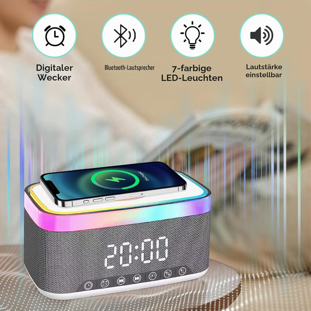 PORFOYO Digitaler Wecker mit Licht und Ladestation, 3-in-1 Wecker Digital mit Bluetooth Lautsprecher