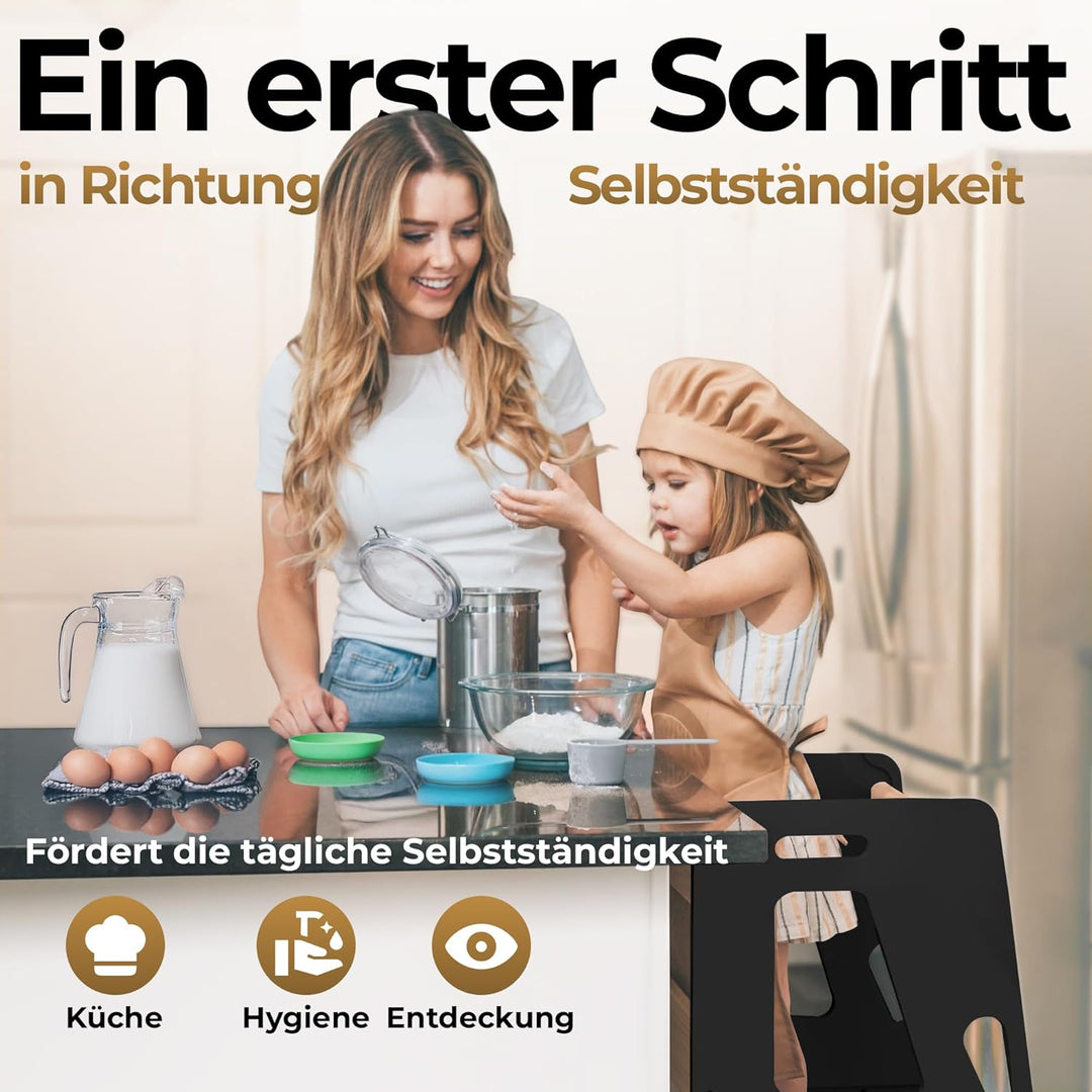BEY &amp; CO® Lernturm/Entdeckerturm aus Holz – Küchenhelfer für Kinder – 3-Fach höhenverstellbar, mit R