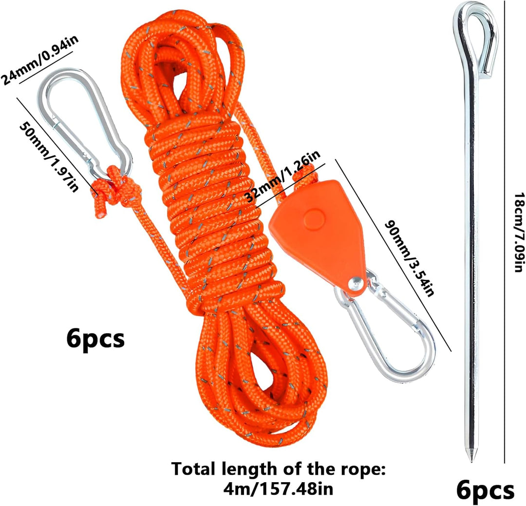 6 Stück Abspannseile Camping 4M Zeltschnur mit Zeltheringe(Orange)