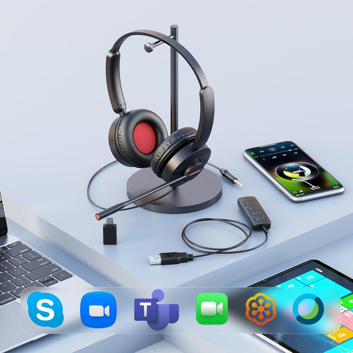 USB Headset mit Mikrofon für PC Laptop, Typ C-USB A-3,5mm Jack, 3-in-1 Computer Headset mit Kabel un