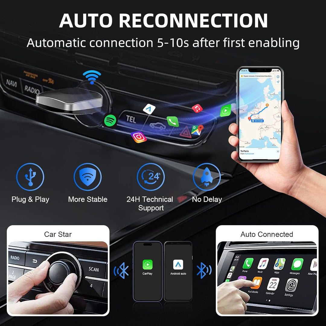 Wireless CarPlay Android Auto 2in1 Adapter, Plug and Play, für Autos mit kabelgebundenem CarPaly und