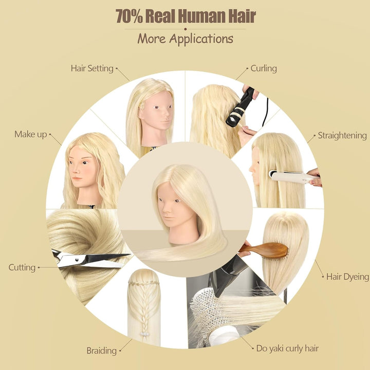 Frisierkopf Echthaar, TopDirect 66cm/26 Zoll 70% Echtes Haar Ubungskopf Friseur Trainingskopf mit Fl