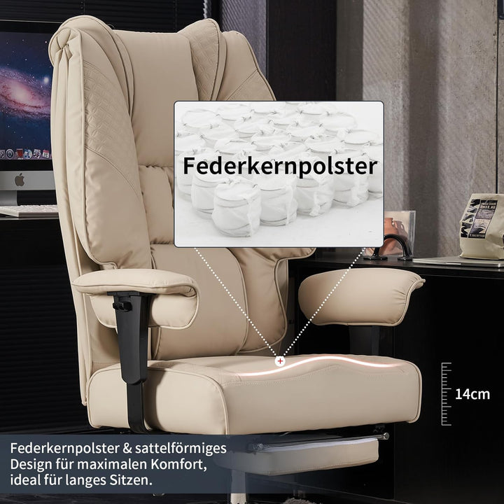 Bürostuhl Ergonomisch, Chefsessel mit Hoher Rückenlehne, Verstellbaren Armlehnen und Breitem Sitz, P