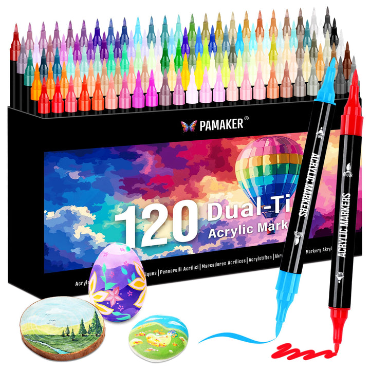 Pamaker 120 Farben Acrylstifte Set – Acrylmarker mit feiner Spitze und Pinsel für Stoff, Leinwand, G