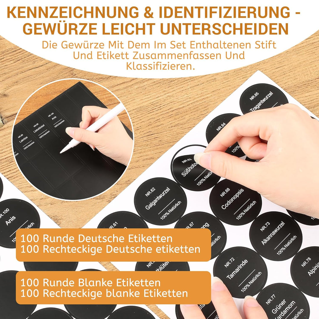 Gewürzgläser Eckig Set 24er - Gewürzdosen Glas 120ml mit Etiketten & Streueinsatz - Gewürzbehälter f