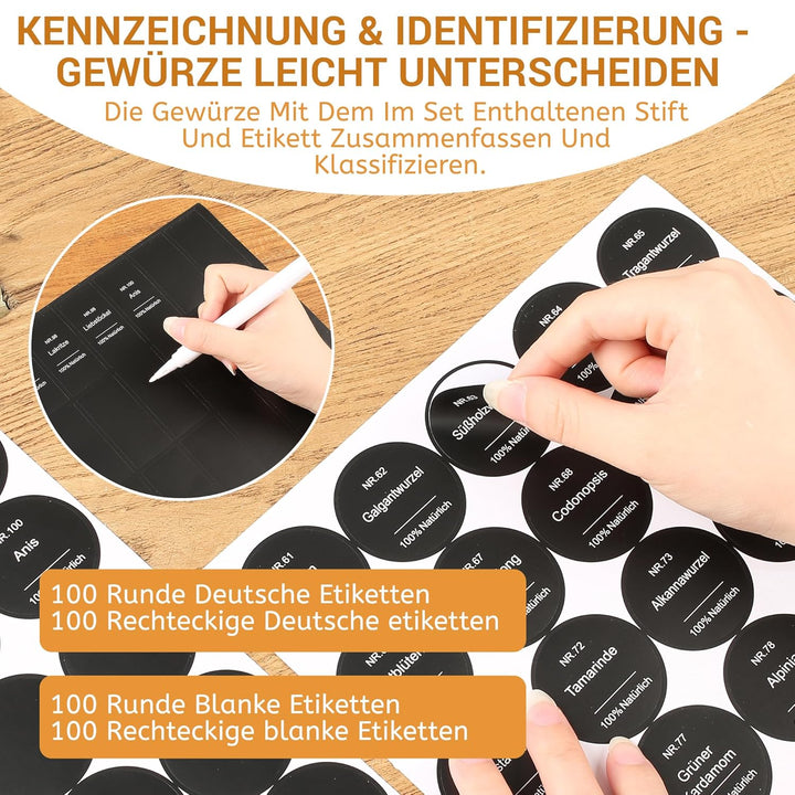 Gewürzgläser Eckig Set 24er - Gewürzdosen Glas 120ml mit Etiketten & Streueinsatz - Gewürzbehälter f