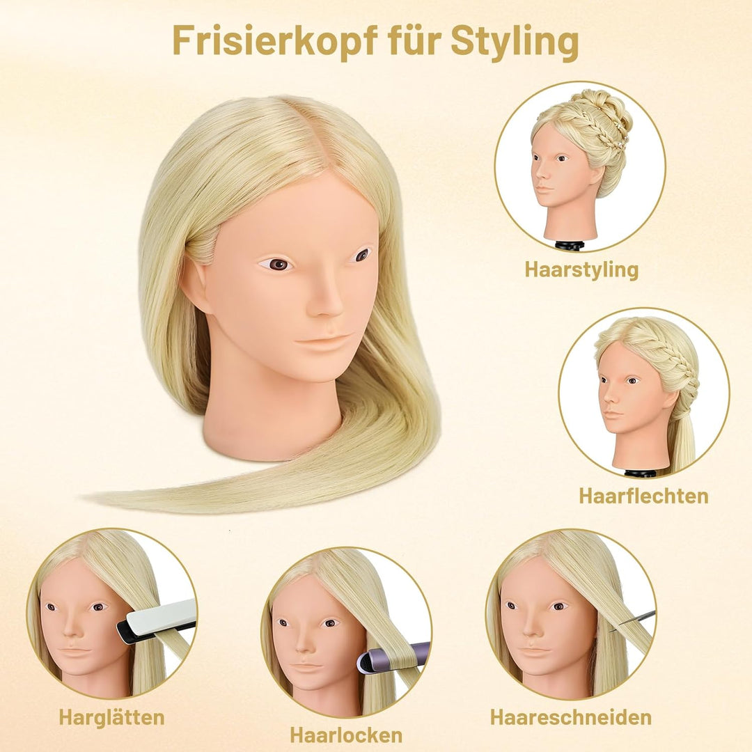 TwoWin Friseurkopf mit Haaren, 26 Zoll (66 cm) 80% Echthaar Mannequin Kopf, Make-up Übungskopf, Trai