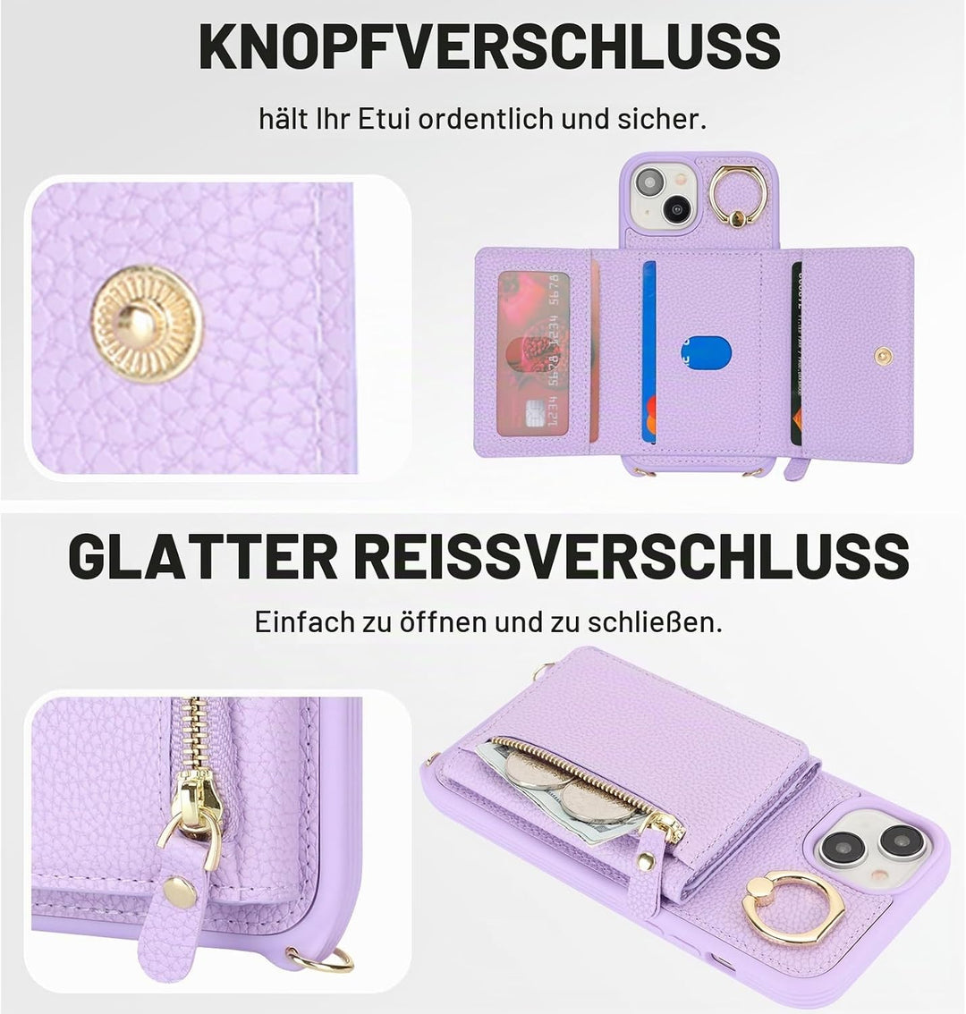 ELTEKER Handyhülle für iPhone 14 Hülle mit Band Kartenfach Ringhalterung Geldbörse,Leder Klapphülle