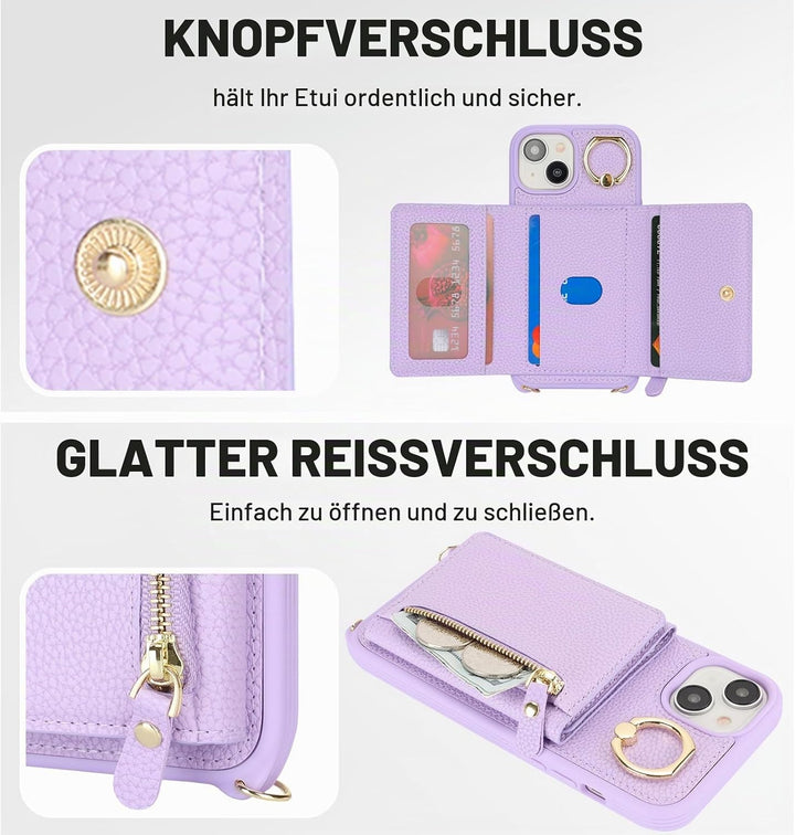 ELTEKER Handyhülle für iPhone 14 Hülle mit Band Kartenfach Ringhalterung Geldbörse,Leder Klapphülle