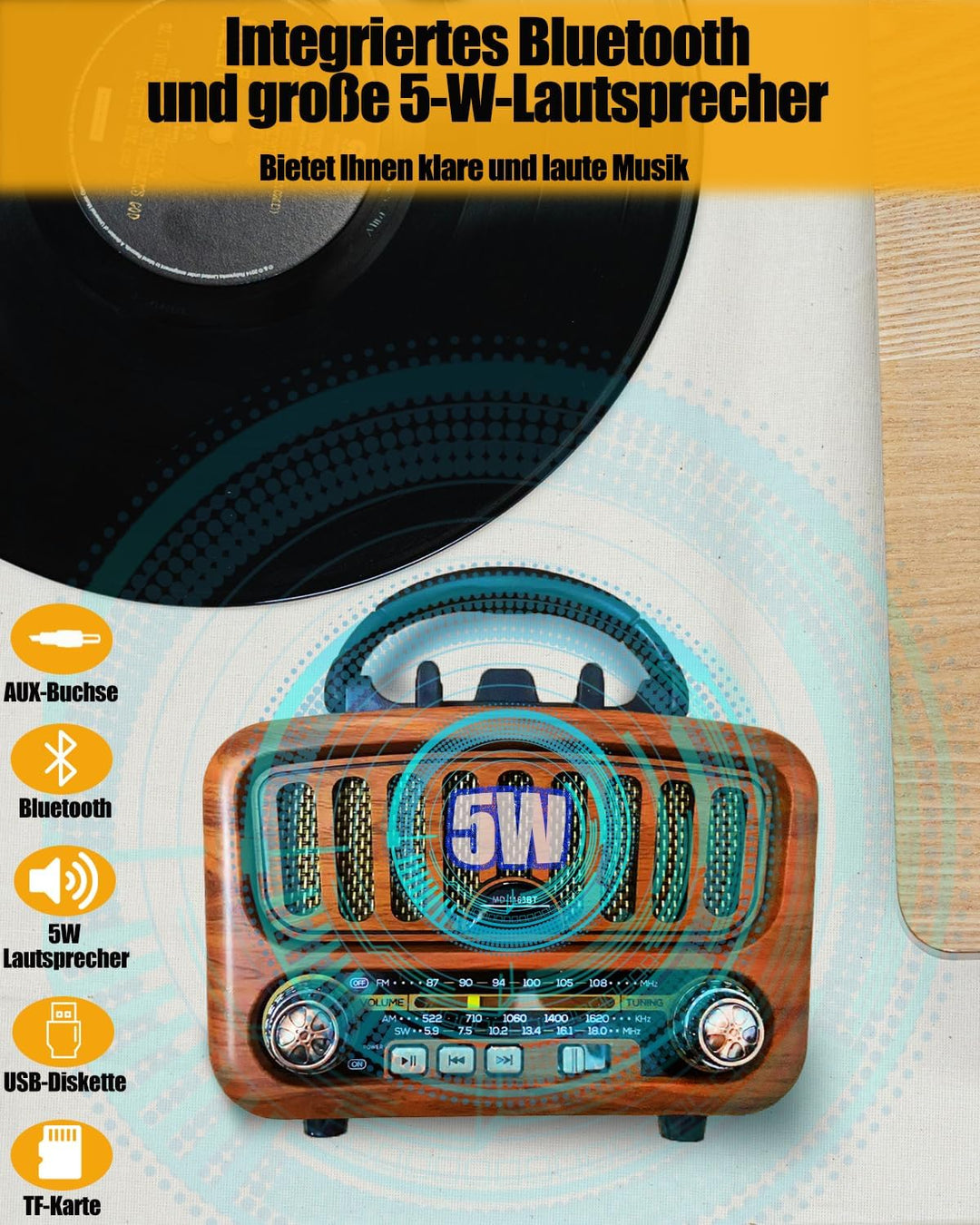 Retro Radio mit Bluetooth, AM/FM/SW Tragbares Radio Klein 5W grosser Lautsprecher und Bluetooth 5.0,