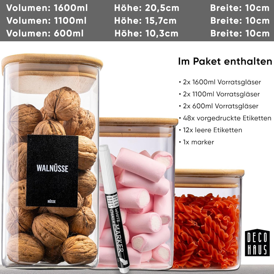 Deco haus® Vorratsgläser mit Deckel luftdicht + Etiketten [6er KOMBI SET] - Für Müsli, Cornflakes, M