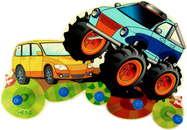 Hess Holzspielzeug 30297 - Garderobe aus Holz, Serie Monstertruck, mit 5 Haken, für Kinder, ca. 37 x