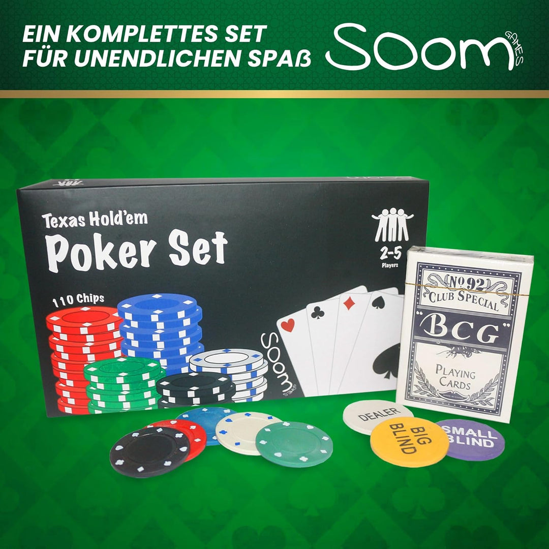 Poker Set - Enthält Pokerspiel 110 Chips Perfekt für 2-5 Spieler, Poker Chips Set, Spielkarten, Deal