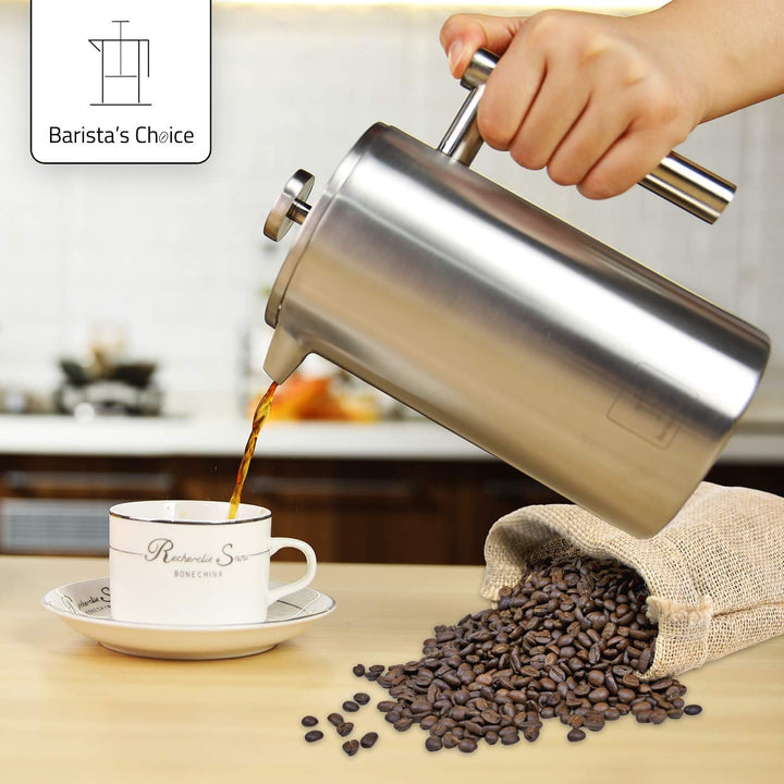 Barista's Choice French Press (max. 1 Liter) - hochwertiger Kaffeebereiter aus Edelstahl im edlen De
