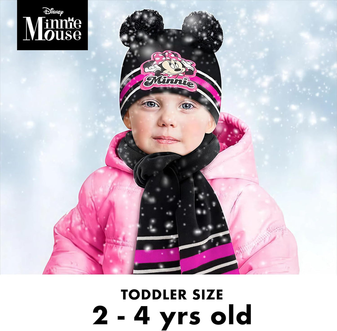 Disney Girls Winter Hat, Minnie Mouse Kids Beanie, Gloves and Scarf Set, Black Mittens-Age 2-4