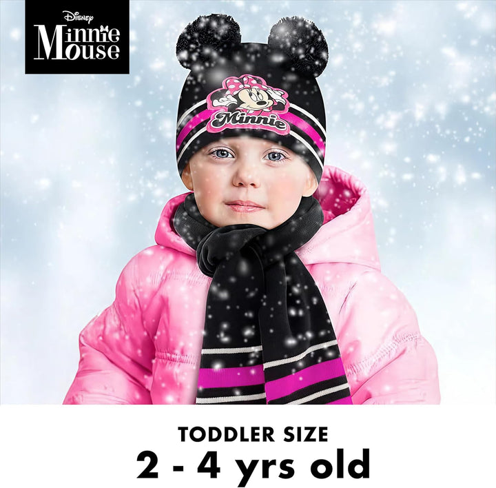 Disney Girls Winter Hat, Minnie Mouse Kids Beanie, Gloves and Scarf Set, Black Mittens-Age 2-4