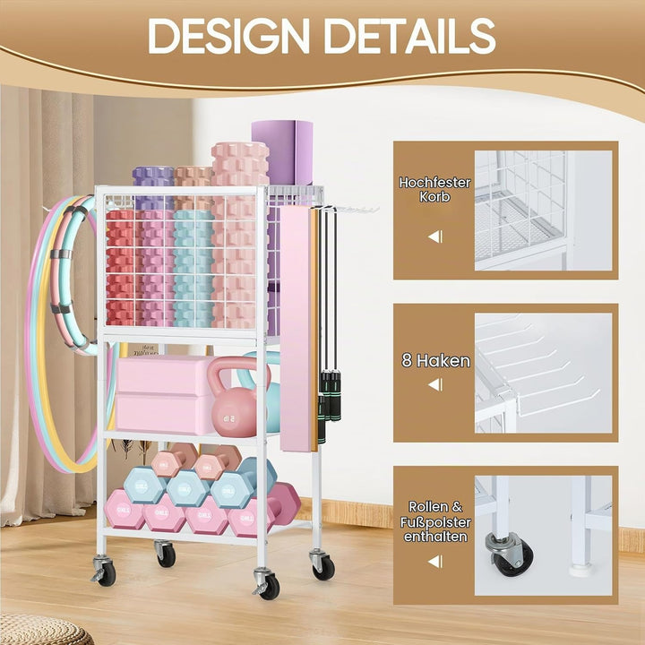 CADUKE Hantelständer, Yogamatte Aufbewahrung mit Rädern und Haken, multifunktionaler Kurzhantelständ
