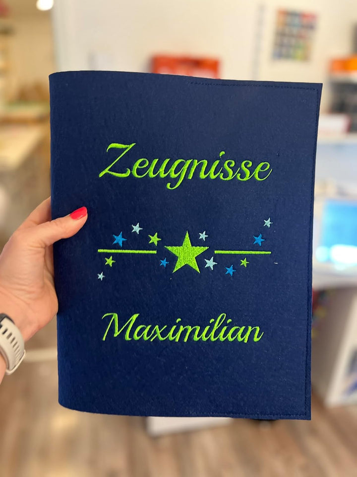 Generisch Personalisierte Zeugnismappe A4 aus Filz | Sternchen| hochwertig Bestickt | Schulkind | Ge