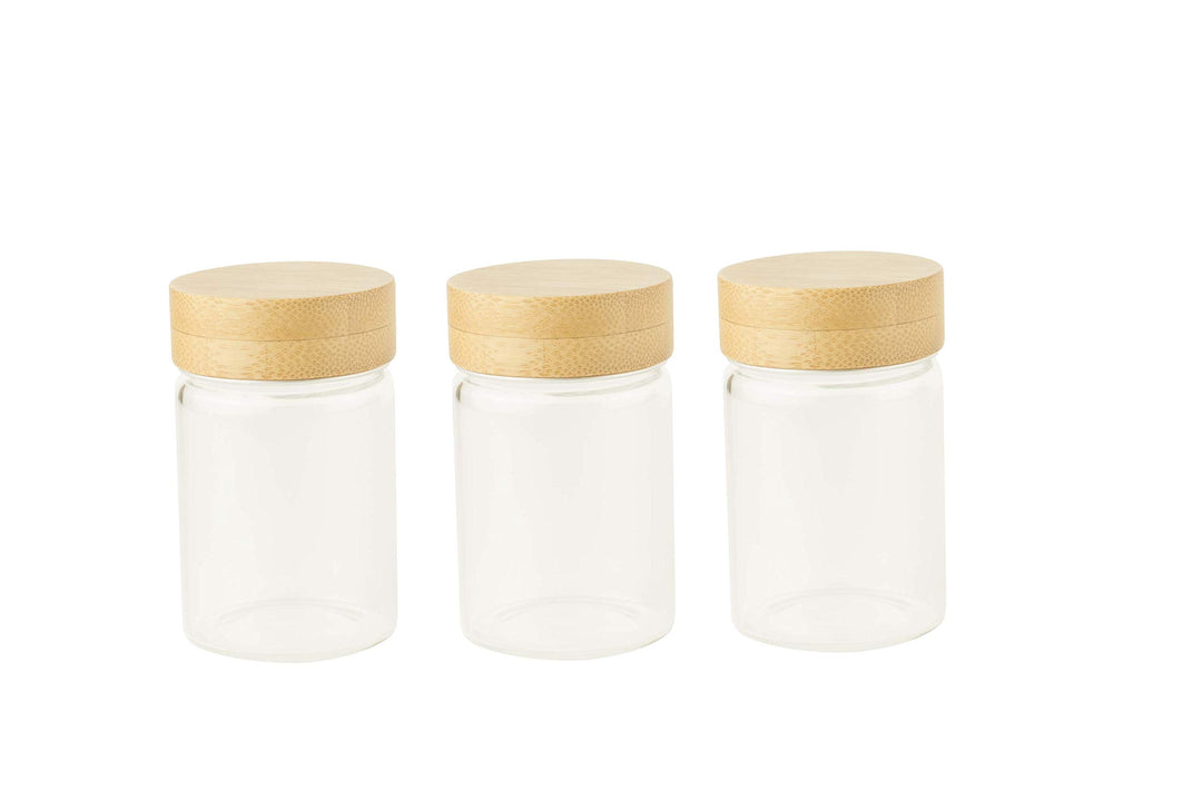 Pebbly NPKV-030 3ER-Set RUNDE GLASBEHÄLTER MIT SCHRAUBDECKEL-75ml, Borosilikatglas, Bambus, Silikon,