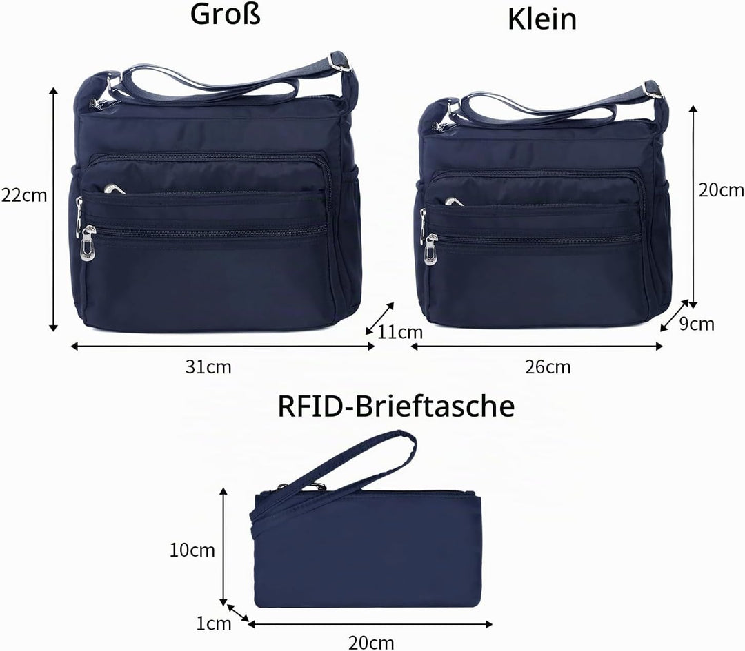 NOTAG Umhängetasche Damen, Wasserdicht Nylon Schultertasche Mehrfachtasche Handtasche mit RFID Geldb