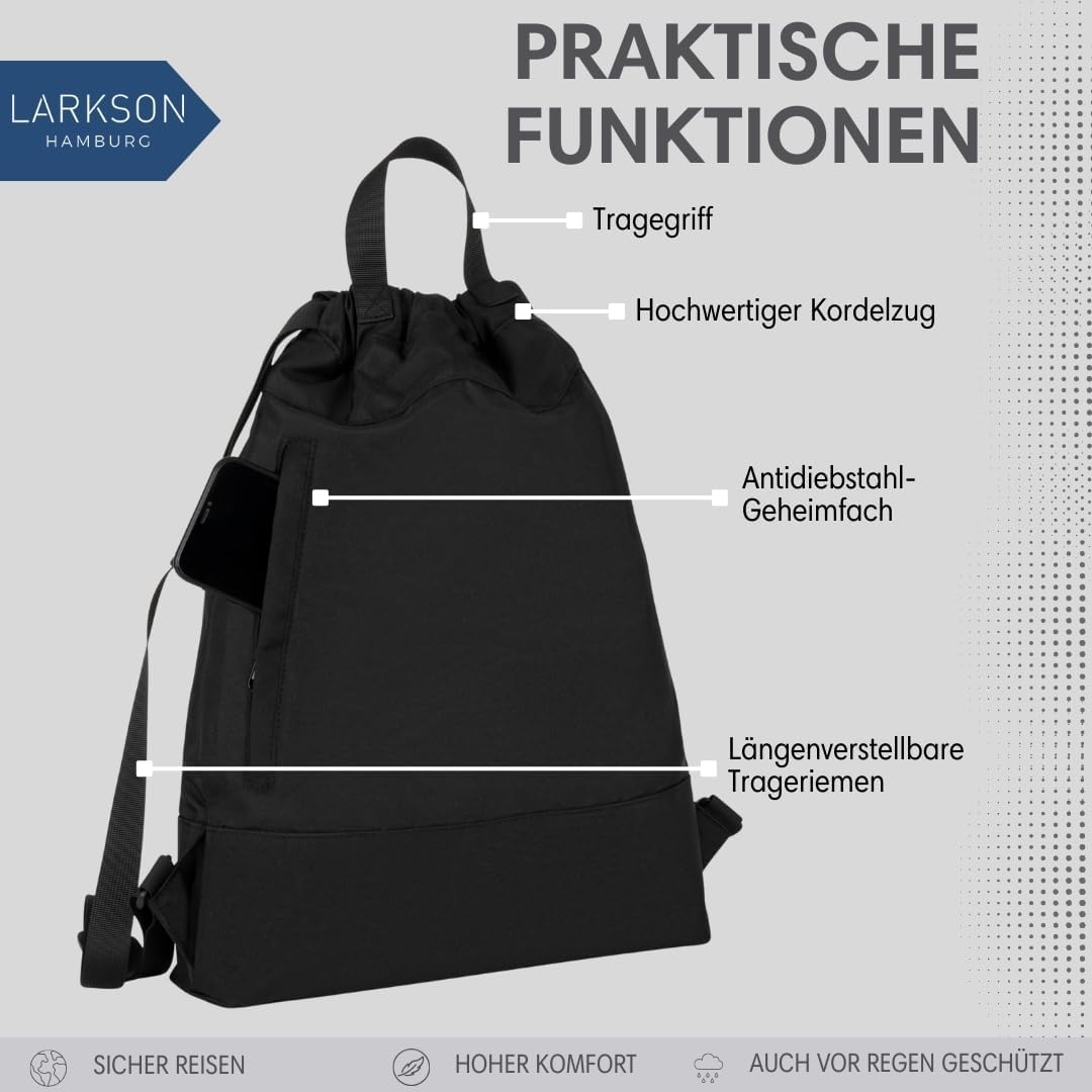 LARKSON Turnbeutel Damen &amp; Herren Schwarz - No 7 - Rucksack Damen für Sport und Festival - Beutel Ru
