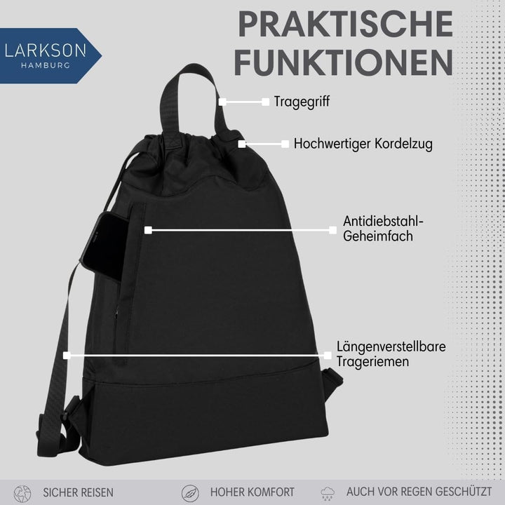 LARKSON Turnbeutel Damen &amp; Herren Schwarz - No 7 - Rucksack Damen für Sport und Festival - Beutel Ru