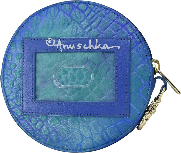 Anuschka Münzbeutel aus Echtleder, handbemalt, Rund - Croco Embossed Peacock, Croco Embossed Peacock