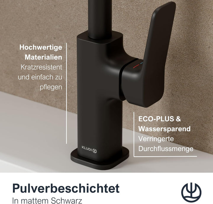 KLUDI-X3 Waschtischarmatur, 360° schwenkbar, Auslaufhöhe 180 mm, wassersparender Wasserhahn Bad Schw