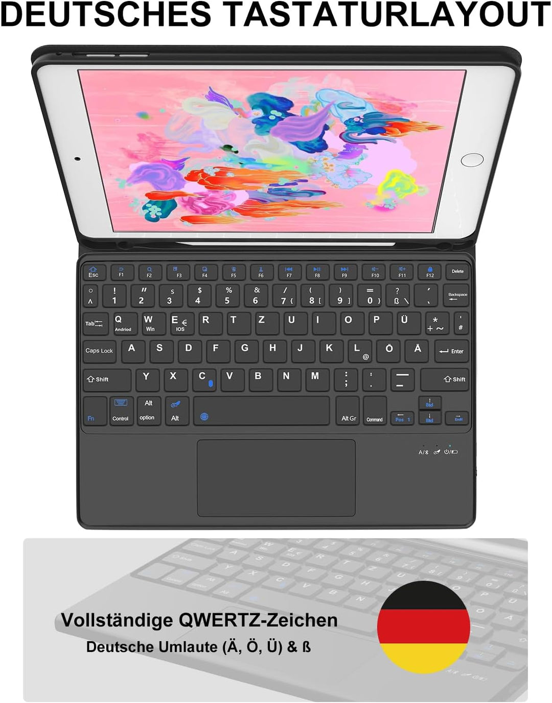 JADEMALL Für iPad 6. Generation Hülle mit DE Tastatur und Touchpad, Abnehmbare Bluetooth Tastatur Hü