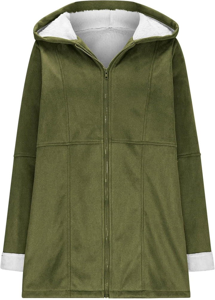 Ansenesna Winterjacke Damen Lang Warm Gefüttert Wintermantel Elegant Mit Kapuze Wildleder Jacke Wint
