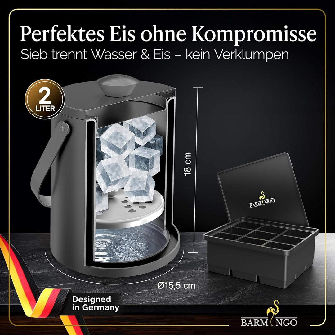 BARMINGO Edelstahl Eiswürfelbehälter mit Deckel - 2l Eisbehälter mit Sieb, Eiswürfelform, Zange | Ei