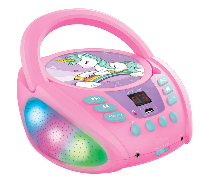 Lexibook RCD109UNI Einhorn-Bluetooth-CD-Player für Kinder-Tragbar, Lichteffekte, Mikrofonbuchse, Aux