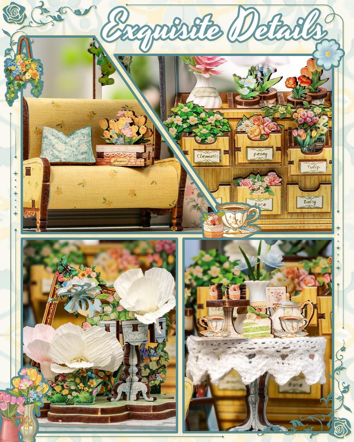 CUTEBEE Europäisch-Retro 3D-Puzzle Book Nook Puppenhaus-Set, eleganter Wintergarten mit Afternoon-Te