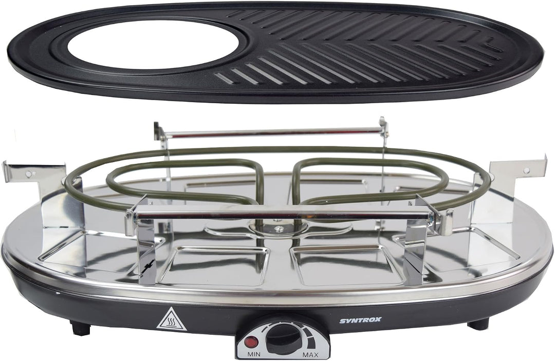 Syntrox Raclette 8 Personen, 3-in-1 Olorti mit Fondue &amp; Heisser Stein, 1500W Tischgrill, Natursteinp