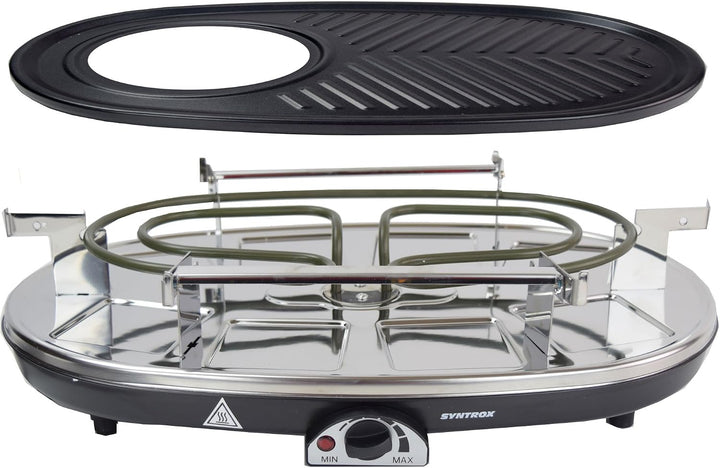 Syntrox Raclette 8 Personen, 3-in-1 Olorti mit Fondue &amp; Heisser Stein, 1500W Tischgrill, Natursteinp