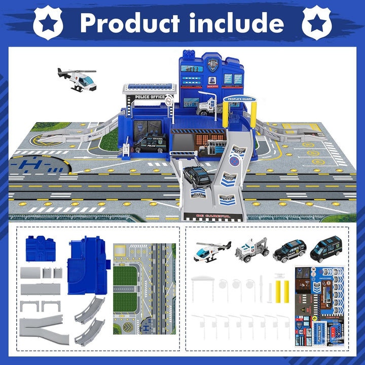 deAO City Police Station mit Polizeiauto, Hubschrauber, Polizei Büro Bauen, Polizeistation Bauspielz