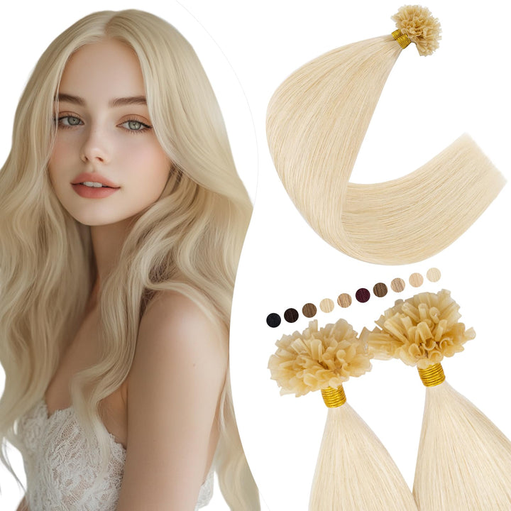 Elailite Extensions Bondings Echthaar 200 Strähne 60cm #60 Platinblond, U Tip Hair Extensions Kerati