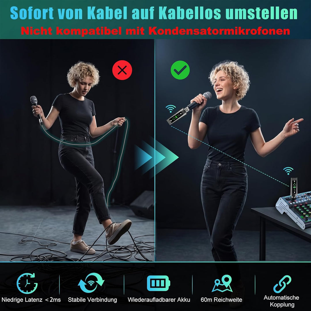 Aveek Kabelloses XLR-Sender/Empfänger für dynamisches Mikro,60 m Reichweite |, Empfänger +1 Sender