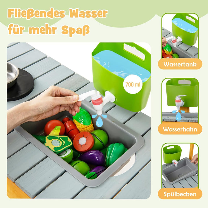 DREAMADE Matschküche Kinder Outdoor, Kinderküche mit Wassertank, Wasserhahn, Herd & abnehmbarem Rega