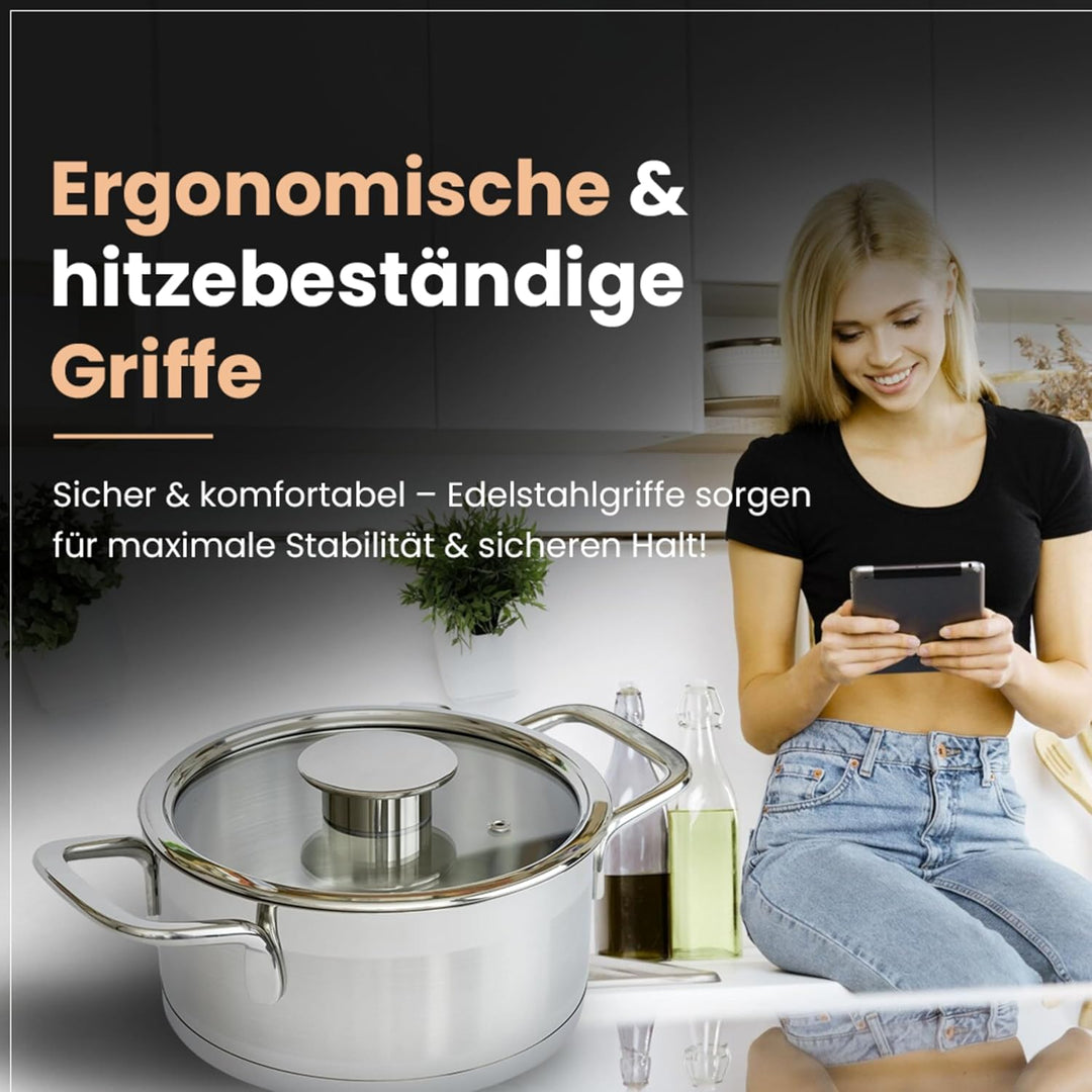 GRANA HOME Induktions Kochtopf aus 100% Edelstahl mit Deckel aus Glas mit Dampfloch, Bratentopf für
